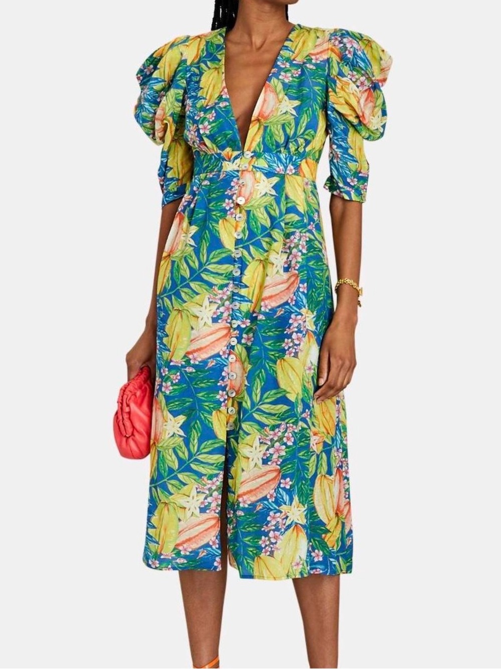 NWT FARM RIO Floral Starfruit Puff Sleeve Midi Dress w Tropical Accents Size M